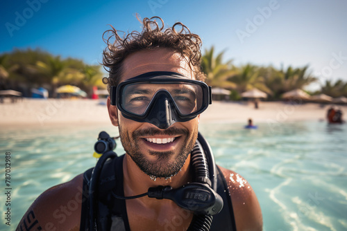 AI generated picture of happy scuba diver looking at camera at beach © Tetiana