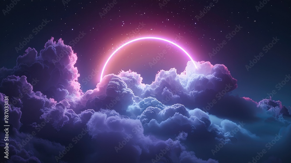 Obraz premium An illustration showcasing a cloud, subtly enhanced by a glowing neon ring in a delicate shade of lavender, set against the inky blackness of the night sky. Generative AI.