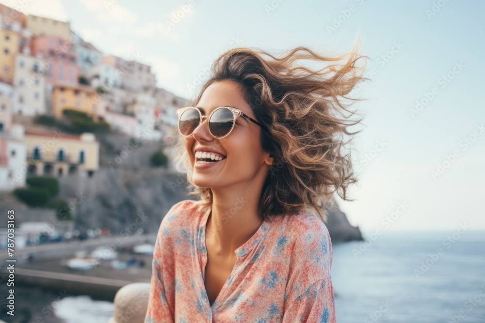 Portrait of a joyful woman in her 30s wearing a trendy sunglasses in front of picturesque seaside village