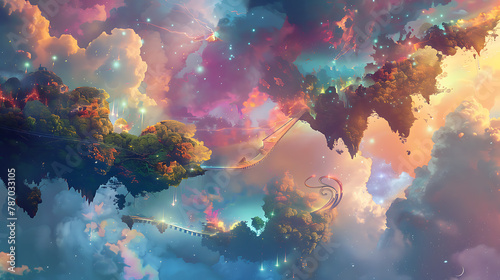 A close up of a surreal dreamscape bathed in ethereal light, floating islands suspended in the sky, interconnected by bridges of shimmering energy,