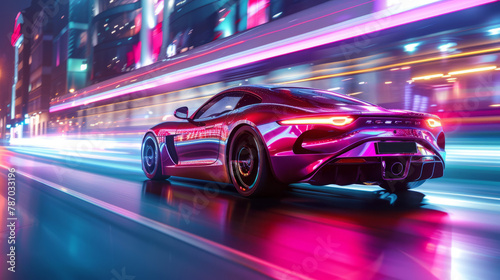 Furious style sports car on neon highway Powerful acceleration of super cars on night tracks with colorful lights and tracks © 9DIGITECH