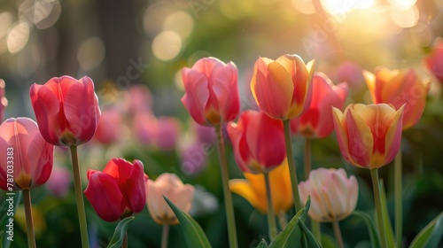 A close-up of tulips blooming in the sunshine.