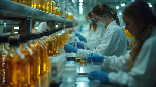 Focused technicians in lab coats conduct meticulous quality control checks on rows of amber bottles in a pharmaceutical laboratory, ensuring the highest standards are met for safety and efficacy.