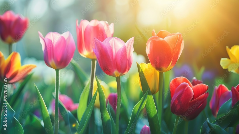 A close-up of tulips blooming in the sunshine. A close-up of tulips blooming in the sunshine.