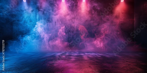 Empty stage with neon multicolored smoke rising from a textured ground, illuminated by light beams piercing through the dark atmosphere.