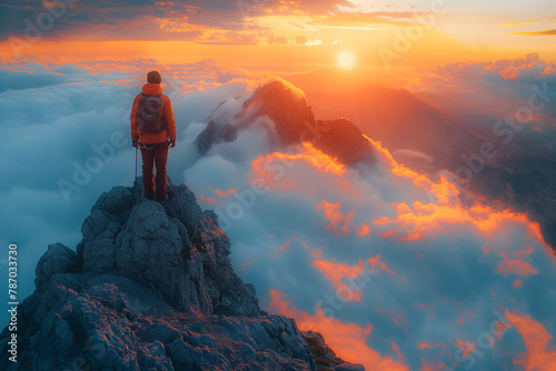 Silhouette of a man on top of a mountain peak. AI