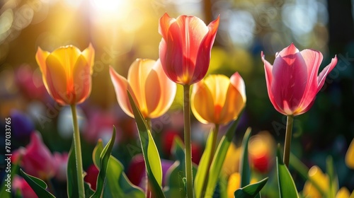 A close-up of tulips blooming in the sunshine. #787033765