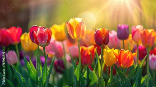 A close-up of tulips blooming in the sunshine.