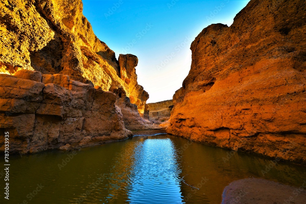 Sesriem Canyon (4 km from Sesriem itself) carved by the Tsauchab river in the local sedimentary rock, the second most important tourist attraction in the area after Sossusvlei (Hardap Region, Namibia)