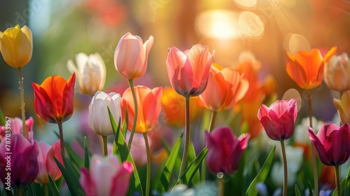 A close-up of tulips blooming in the sunshine.