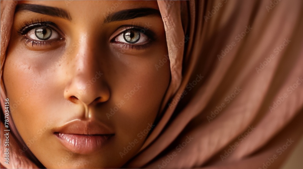 A portrait of a beautiful woman in a pink hijab.