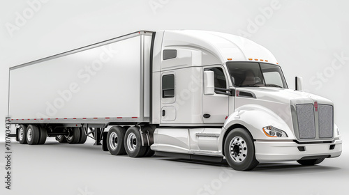 White cargo truck with trailer stands alone on a white background, perfect for showcasing commercial transportation and delivery services