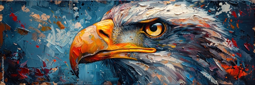 Zoomed in view highlights the piercing eyes and strong beak of an eagle against a dramatically cool colored abstract background - obrazy, fototapety, plakaty 