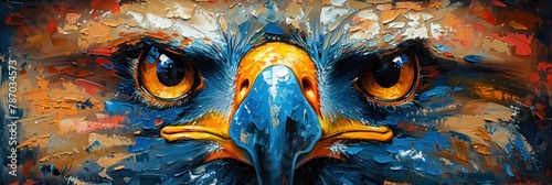 The intense eyes and sharp beak of an eagle dominate this abstract painting, creating a powerful, captivating focal point