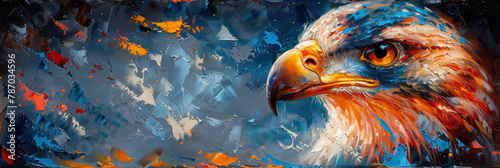 The calm intensity of an eagle's profile is contrasted with a tempestuous backdrop of abstract colored splatters and strokes in this evocative piece