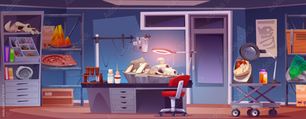 Obraz premium Archeology lab interior with fossils. Vector cartoon illustration of laboratory room with stone and prehistoric animal bones on desk under microscope and lamp, folders on shelf, paleontology science