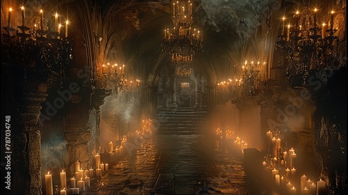 A dark castle tunnel with dark wall candlesticks on both sides of the tunnel  complex patterns of candle holders with multiple candles inserted in them. Generative AI.