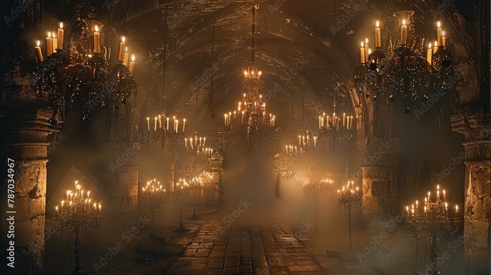 A dark castle tunnel with dark wall candlesticks on both sides of the tunnel, complex patterns of candle holders with multiple candles inserted in them. Generative AI.