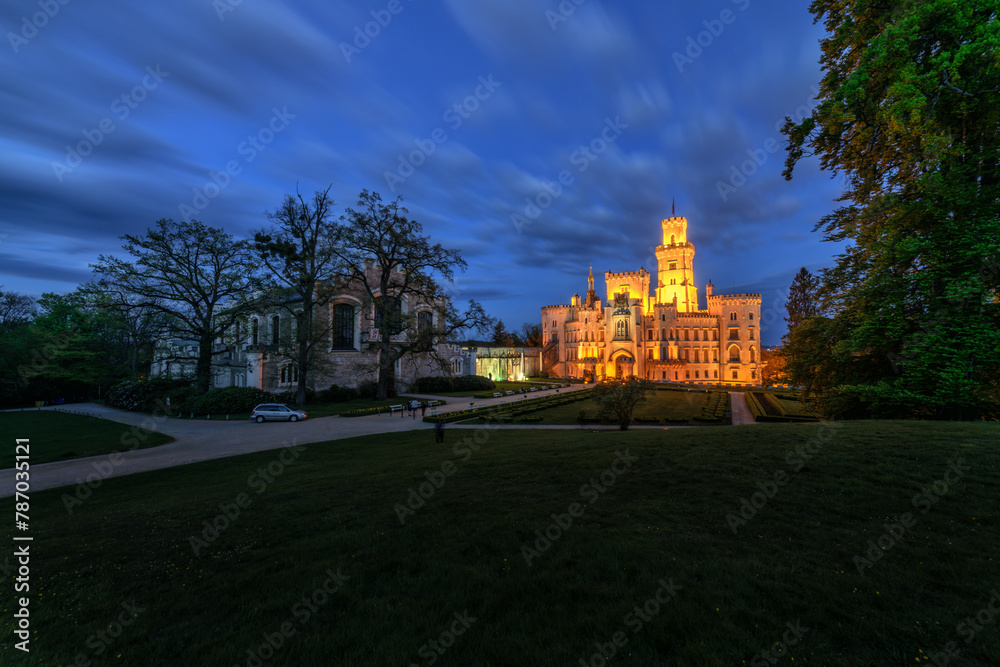 Night Chateau Hluboka nad Vltavou - a neo-Gothic jewel in South Bohemia - the chateau is located near the town of Ceske Budejovice (Budweis) - Czech Republic, Europe