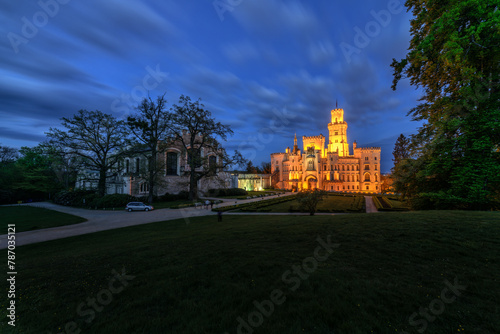 Night Chateau Hluboka nad Vltavou - a neo-Gothic jewel in South Bohemia - the chateau is located near the town of Ceske Budejovice (Budweis) - Czech Republic, Europe	