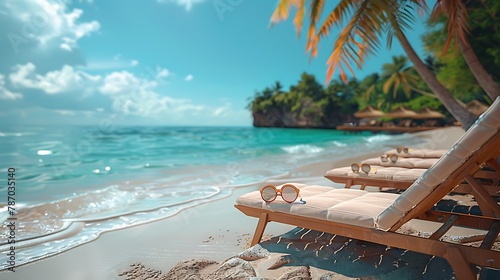 the relaxation of beachside lounging with sunglasses arranged on a reclining beach chair, surrounded by swaying palm trees and the rhythmic crash of waves against the shore