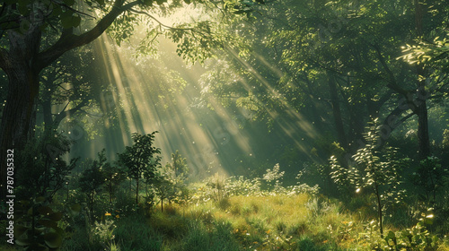 Step into a world of natural wonder with an AI-generated image capturing sun rays piercing through the lush forest