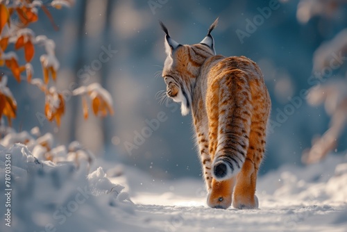 Felidae lynx, a carnivorous organism with whiskers, is a small to mediumsized cat walking through the snow in the woods. It is a terrestrial animal with fawncolored fur photo