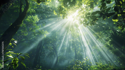Step into a world of natural wonder with an AI-generated image capturing sun rays piercing through the lush forest