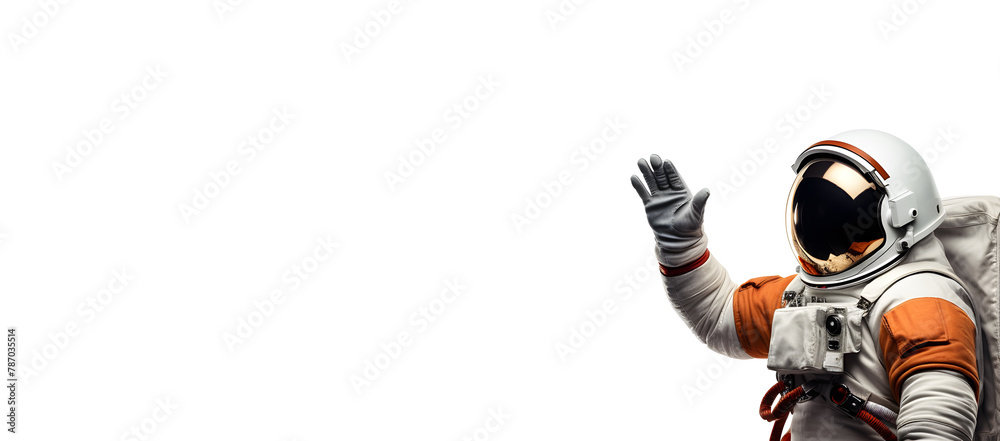 Astronaut waving hand isolated on white background, panoramic banner with copy space for text