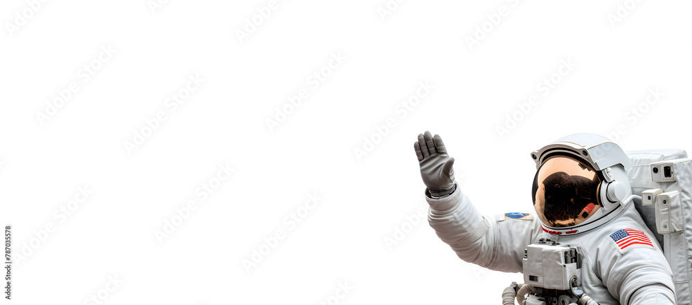 Astronaut waving hand isolated on white background, panoramic banner with copy space for text