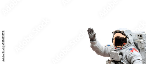 Astronaut waving hand isolated on white background, panoramic banner with copy space for text