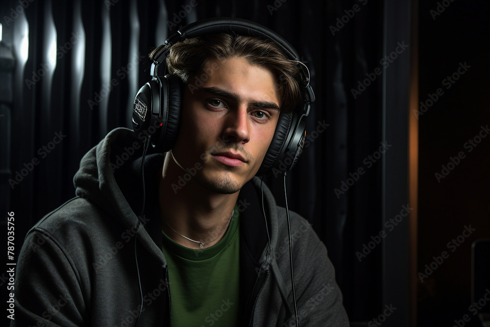 Radio podcast deejay near microphone recording news song program live broadcasting Generative AI Radio podcast deejay near microphone recording news song program live broadcasting Generative AI