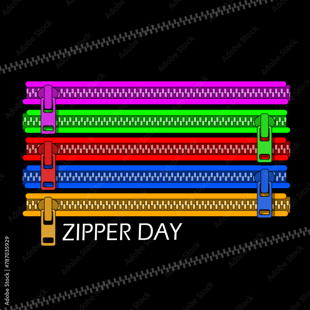 National Zipper Day event banner. Several zippers with different color variations on black background to celebrate on April 29th National Zipper Day event banner. Several zippers with different color variations on black background to celebrate on April 29th