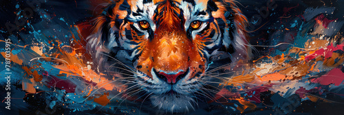 An arresting image of a tiger emerging from a chaos of colorful abstract paint strokes, symbolizing power