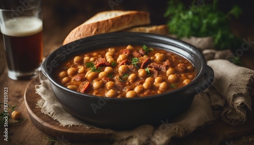 A rustic stew with chickpeas and chorizo, adorned with fresh herbs, sits beside bread and beer, bathed in warm light.