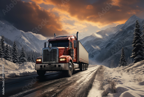 A red truck driving on the road in winter, with snowcovered mountains and forests in the background against a sunset sky. Created with Ai