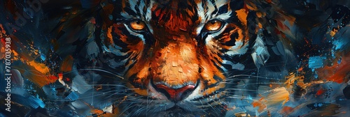 A wild tiger's intense glare is masterfully portrayed within vibrant splashes and strokes of abstract colors