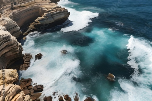 Aerial view of waves over rock formation in the sea  Jisr az-Zarq  Israel. Generative AI