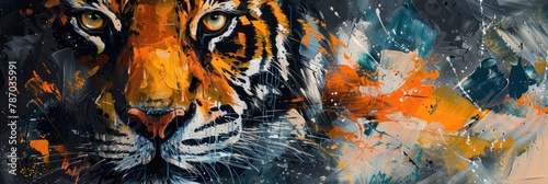 A digitally created tiger face with abstract splatter and expressive brush strokes in bold colors photo