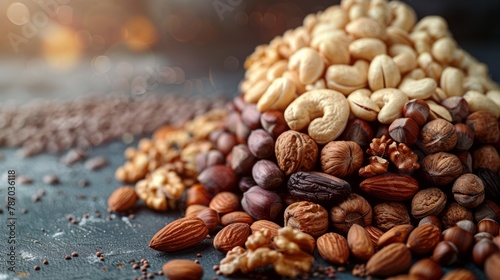 Different kinds of nuts on a black background, close-up view, copy space photo