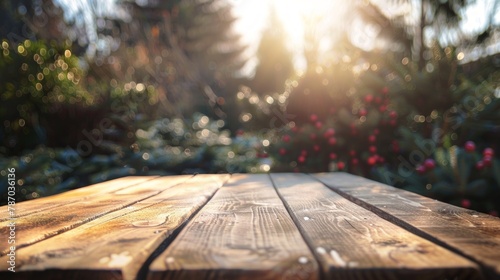 Wooden table in winter park with snow and bokeh lights