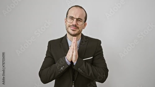 Bald bearded hispanic man in a suit pleading against a white background photo