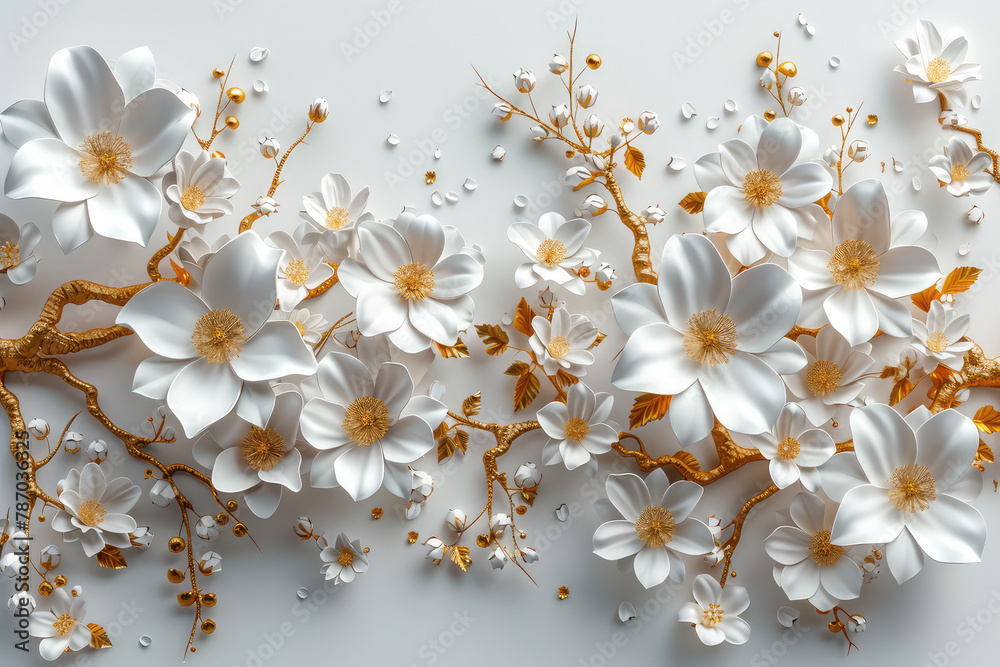 3D relief of white flowers with gold edges on a white background, many details and branches with all the same sized white petals featuring a yellow core on a wall mural. Created with Ai