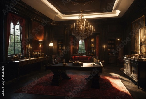 A dark modern manor lord room