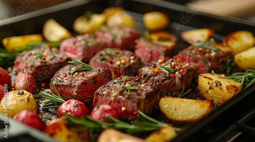 Tasty steaks with potatoes and rosemary  closeup. Grilled beef steaks with potatoes