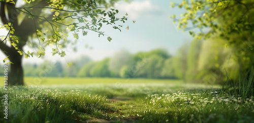 Beautiful spring landscape with path in a green field, with a blurred background, in the style of nature background.