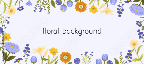 Floral background with border frame of bright summer leaf, flowers and foliage plants. Horizontal banner with abstract spring leaves. Multicolored flat vector illustration of modern botanical backdrop