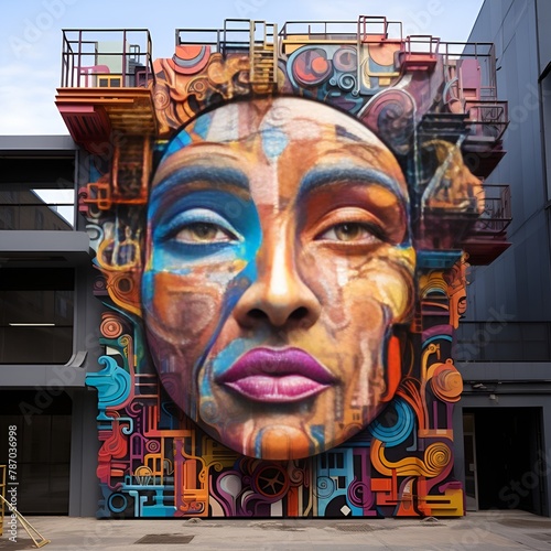 A vibrant street art mural on an urban building wall 