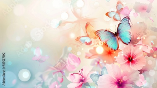 A vibrant spring-themed background featuring pastel-colored flowers and fluttering butterflies, radiating a dreamy and soft bokeh effect, perfect for seasonal wallpapers