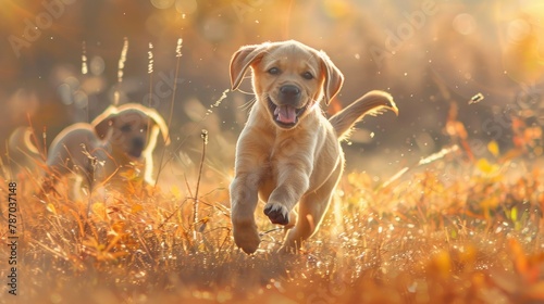 Labrador puppy playing in the field